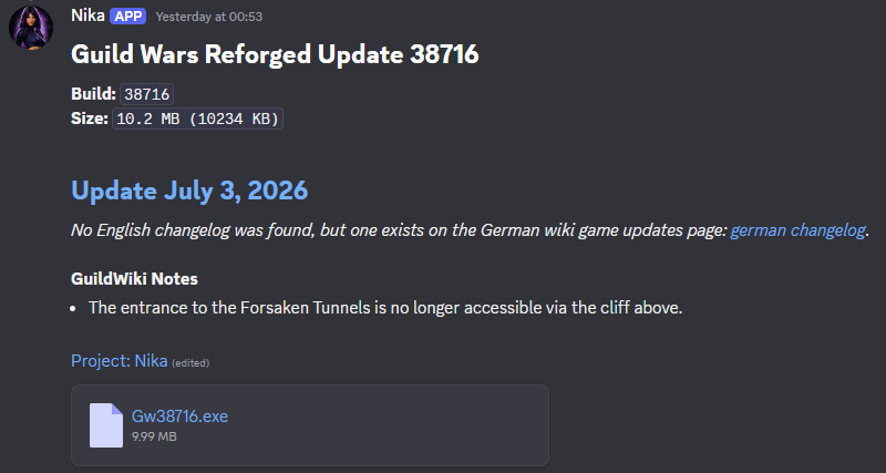 Example Discord message from Nika showing a Guild Wars Reforged update announcement.